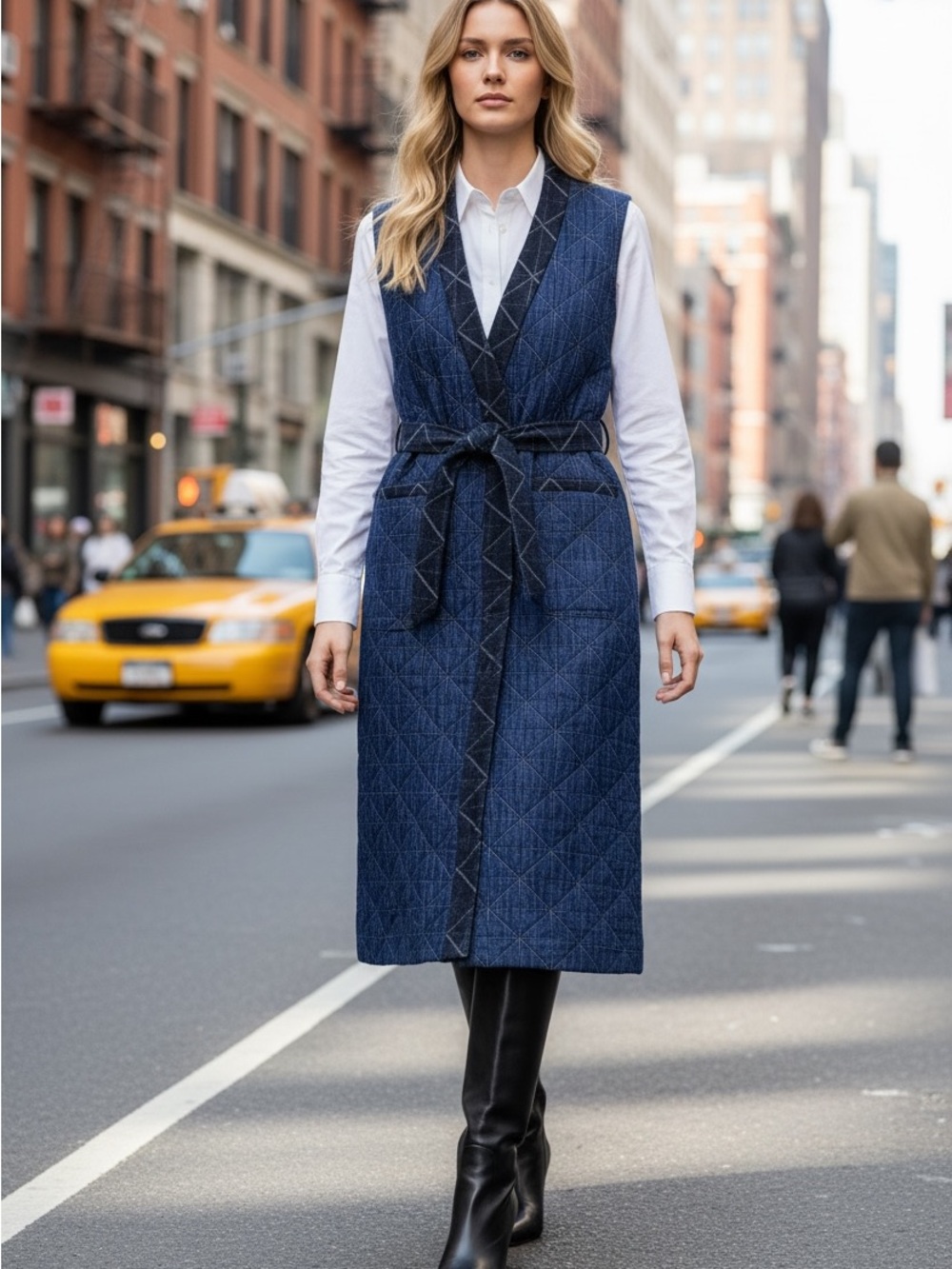 SEA NEW YORK Quilted Denim Duster Vest Indigo Sashiko Japanese Noragi Style